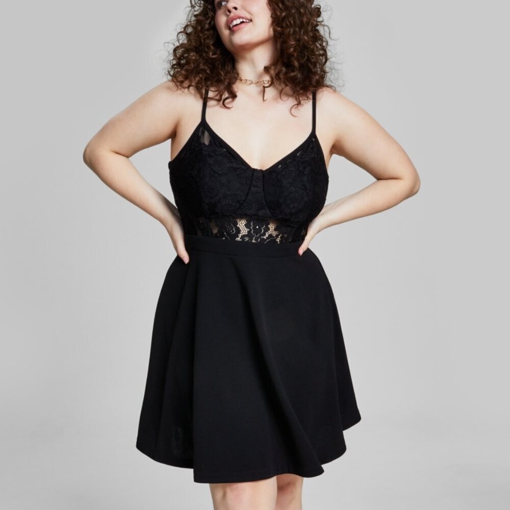 City Studios Trendy Plus‑Size Lace‑Corset Scuba Dress – Black 16W NWT